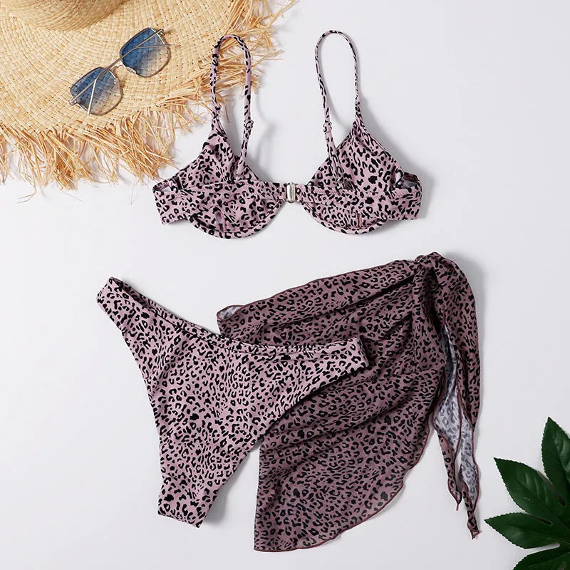 Leopard print three-piece swimsuit with skirt, adjustable string detailing, quick-drying nylon fabric
