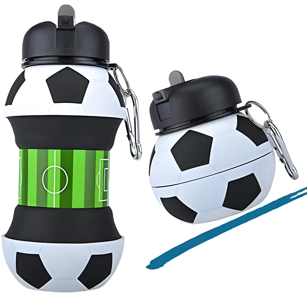 Collapsible white soccer ball shaped silicone water bottle with straw and carrying clip, 18 oz capacity