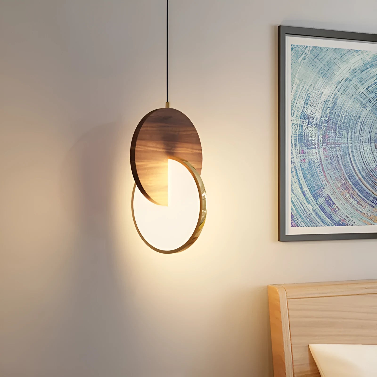 Long-line walnut wood chandelier with warm white lighting for wall mounting in bedrooms