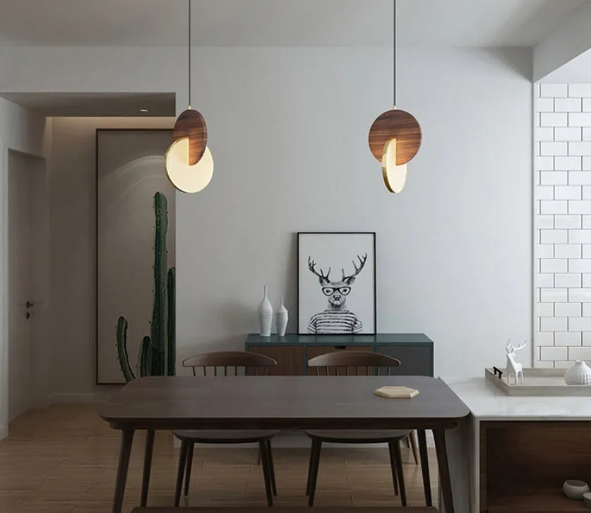 Long-line walnut wood chandelier with warm white lighting for wall mounting in bedrooms