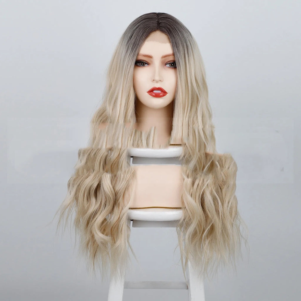 Fluffy water ripple wig headgear with long curly middle part, high temperature wire, 24 inches, R4/60# colour