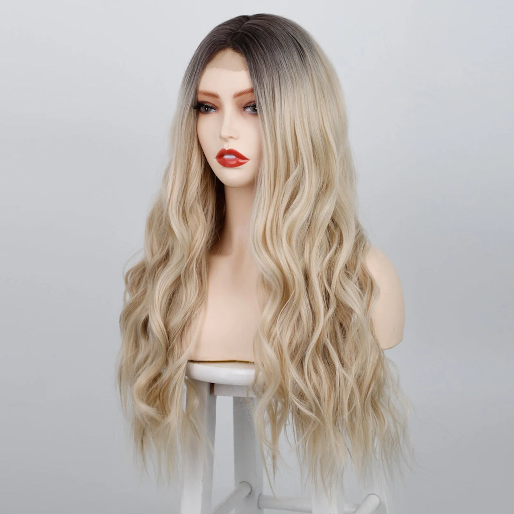 Fluffy water ripple wig headgear with long curly middle part, high temperature wire, 24 inches, R4/60# colour