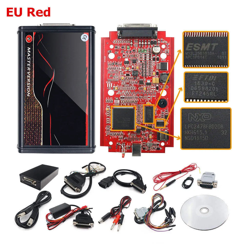 KESS V2 V2.47 car diagnostic flashing tool with cables and black brush writing tool set on a workbench