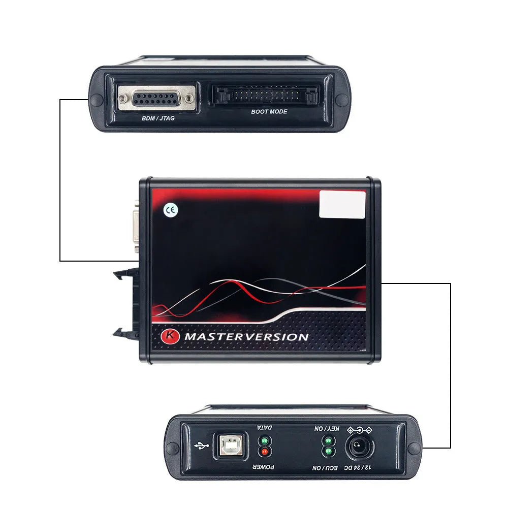 KESS V2 V2.47 car diagnostic flashing tool with cables and black brush writing tool set on a workbench