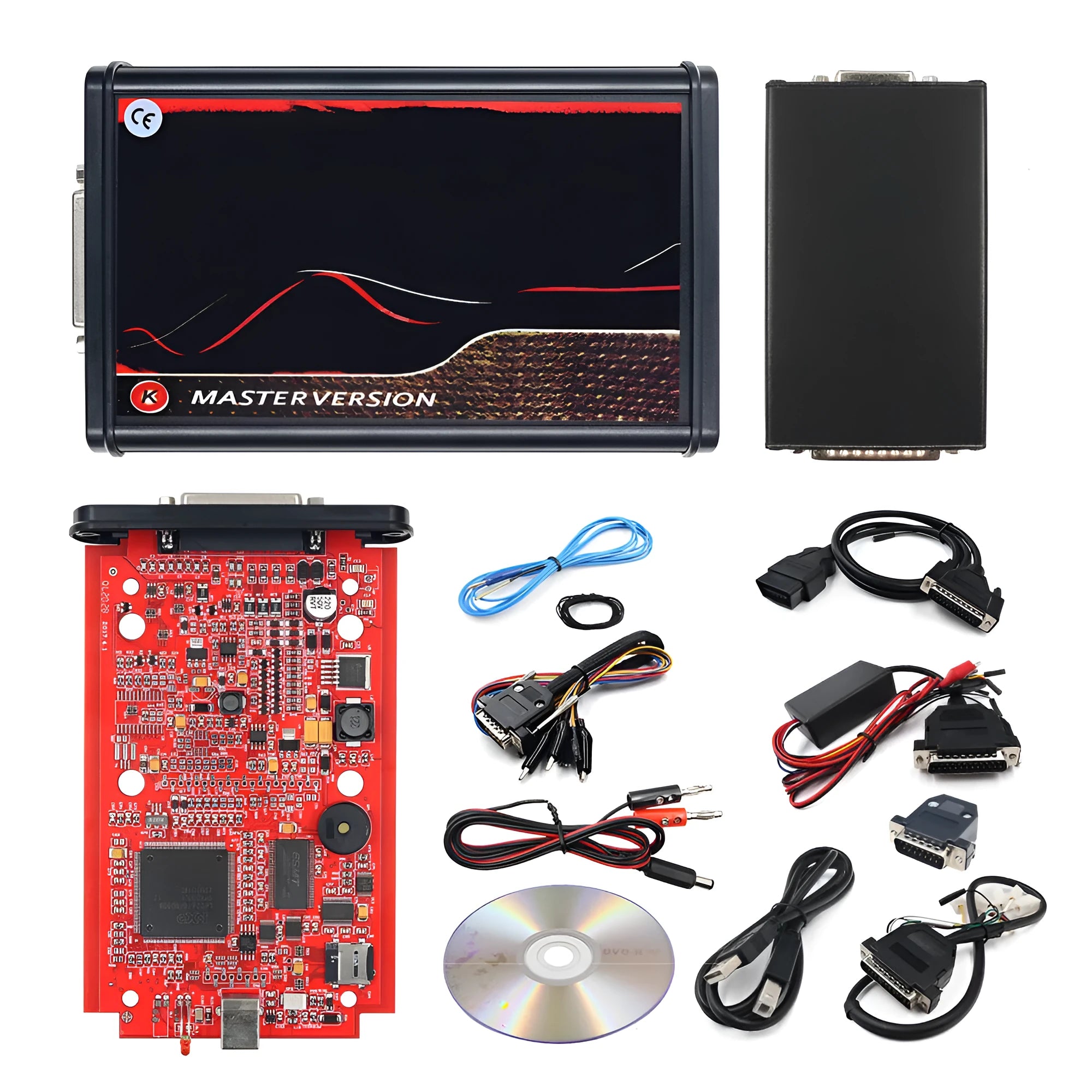 KESS V2 V2.47 car diagnostic flashing tool with cables and black brush writing tool set on a workbench