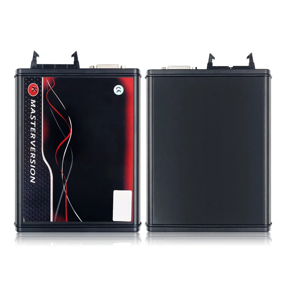KESS V2 V2.47 car diagnostic flashing tool with cables and black brush writing tool set on a workbench