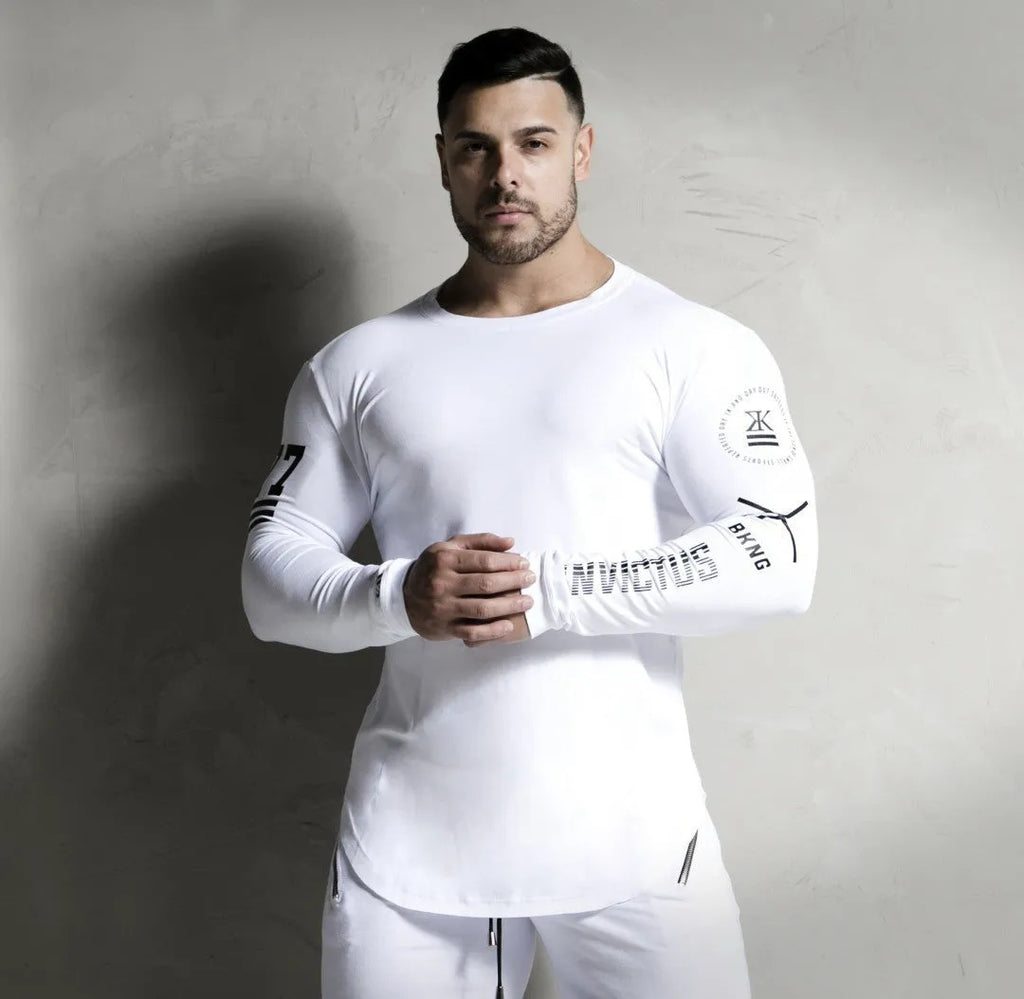 Men's long-sleeved compression base layer top, breathable elastic quick-drying wicking fitness training shirt, black or white, sizes M to 2XL.