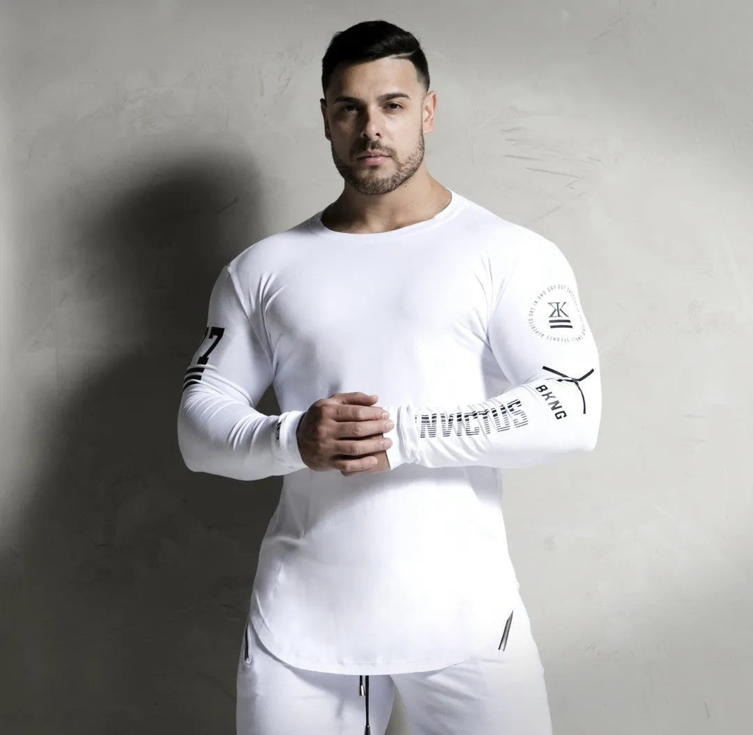 Men's long-sleeved compression base layer top, breathable elastic quick-drying wicking fitness training shirt, black or white, sizes M to 2XL.