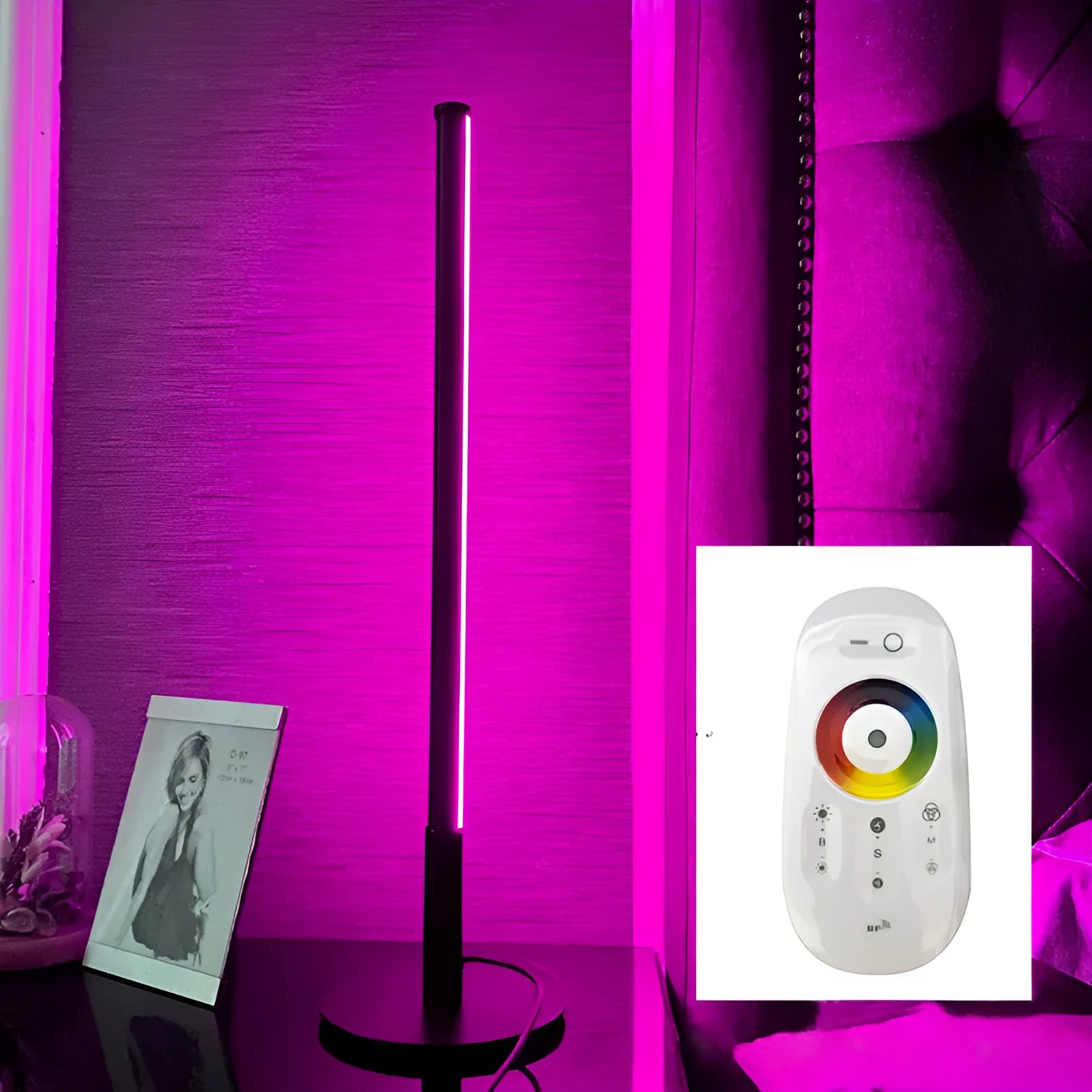 Nordic minimalism black bedside lamp with LED lighting and remote control on table