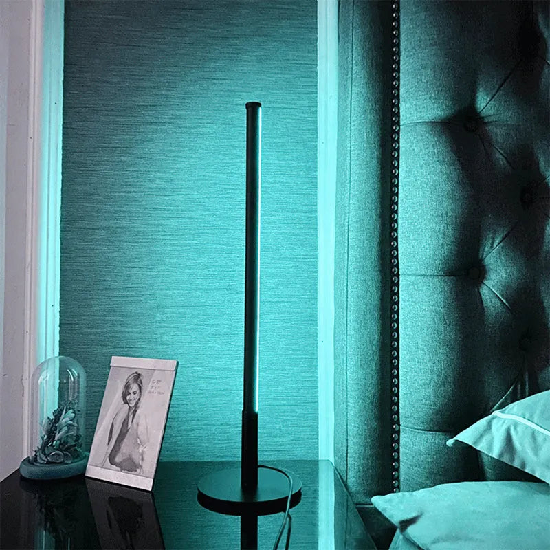 Nordic minimalism black bedside lamp with LED lighting and remote control on table