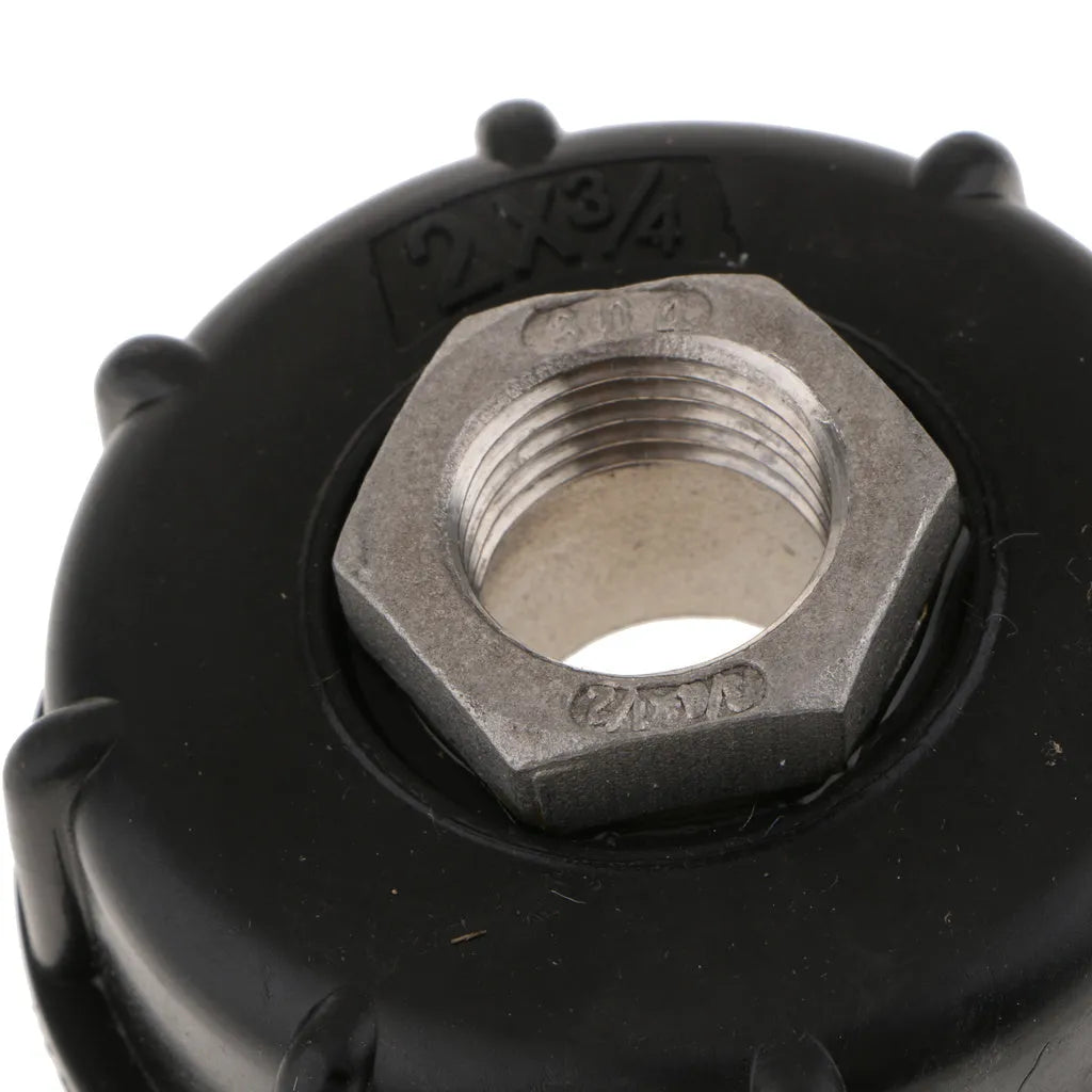 Variable diameter chemical barrel connector with black PP plastic and stainless steel construction