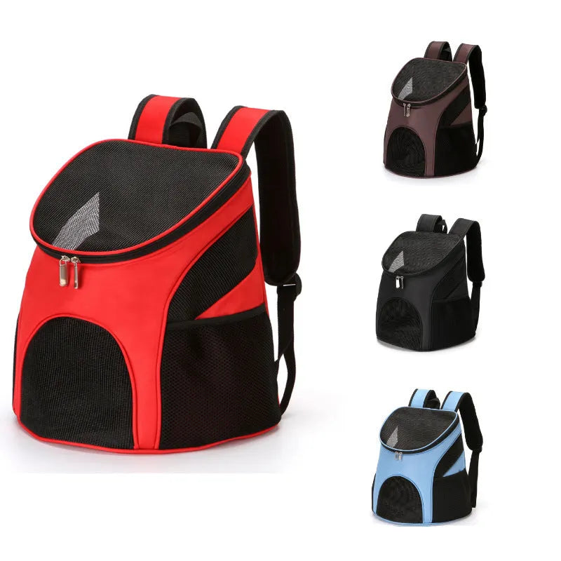 Pet backpack carrier in black, blue, brown or red colours for cat or small dog outings