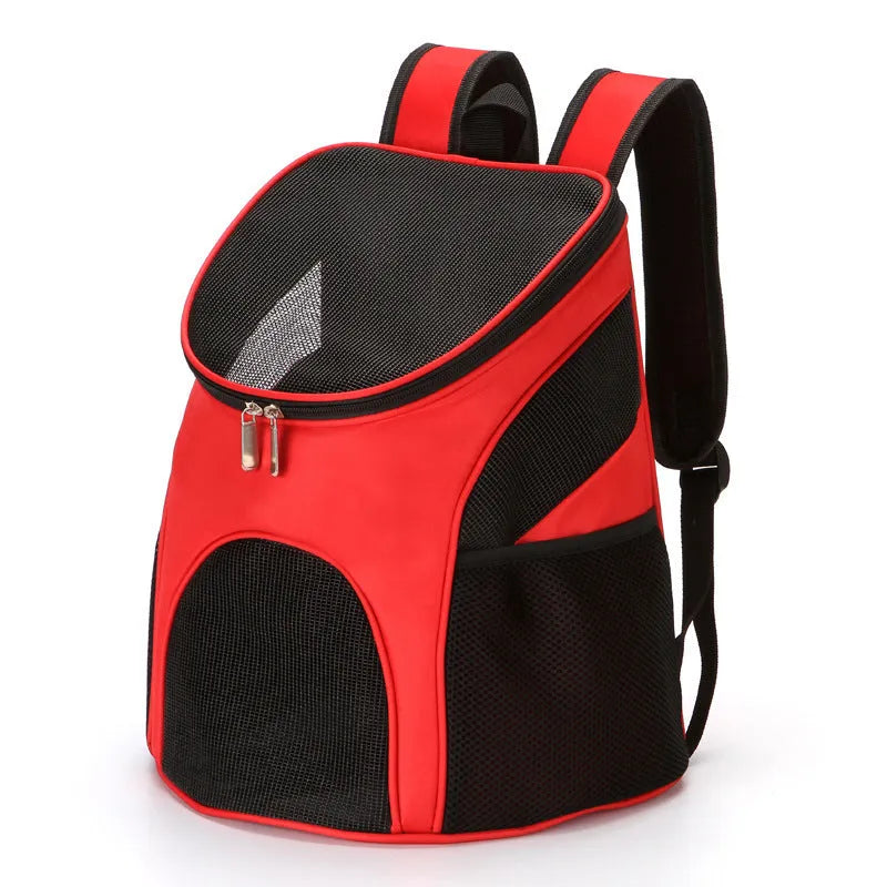 Pet backpack carrier in black, blue, brown or red colours for cat or small dog outings