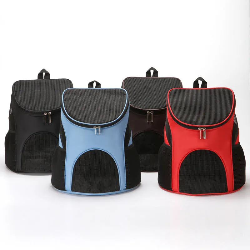 Pet backpack carrier in black, blue, brown or red colours for cat or small dog outings