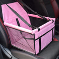 Red cloth pet car carrier bag with geometric pattern and safety tether for dog travel