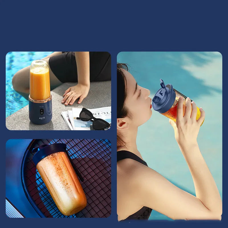Portable USB blender and juicer in Tunisian dark blue with six blades, a cup lid, and a USB cable.