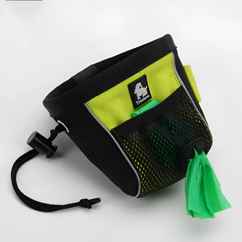 Orange dog training waist bag with removable garbage bag feature shown with sizing measurements