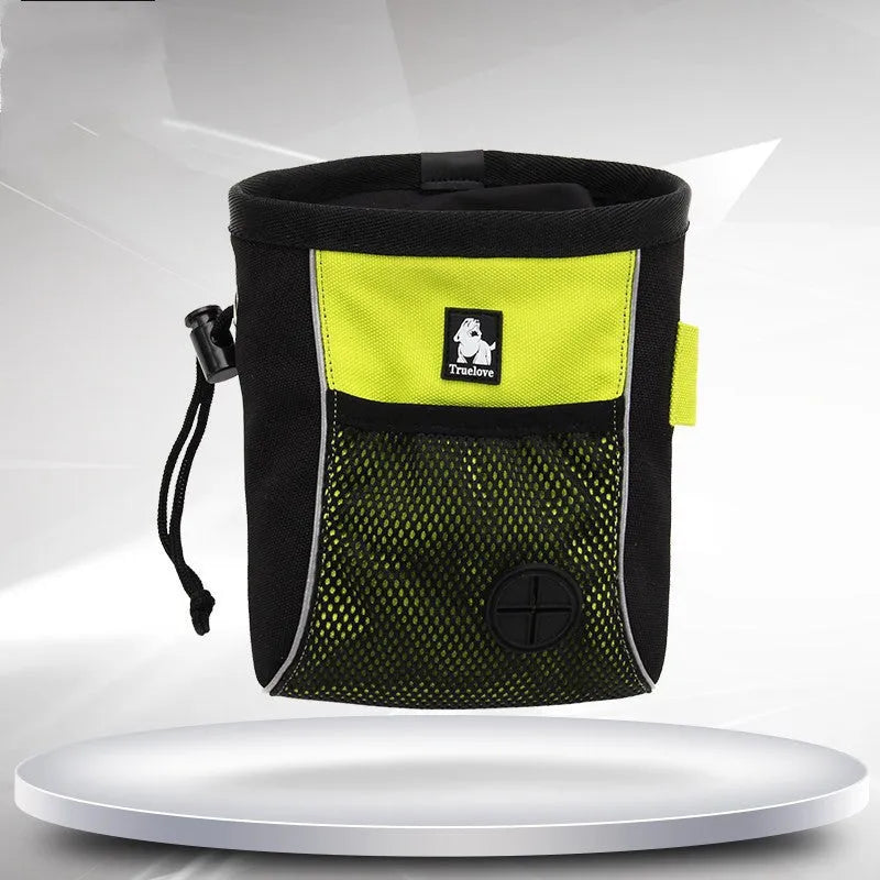 Orange dog training waist bag with removable garbage bag feature shown with sizing measurements