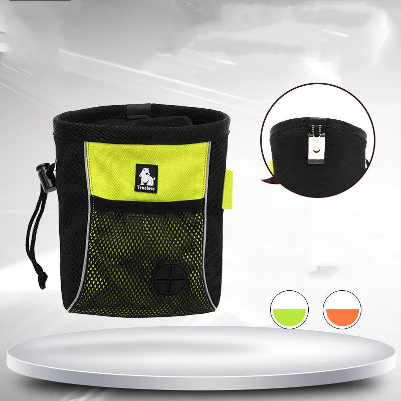 Orange dog training waist bag with removable garbage bag feature shown with sizing measurements