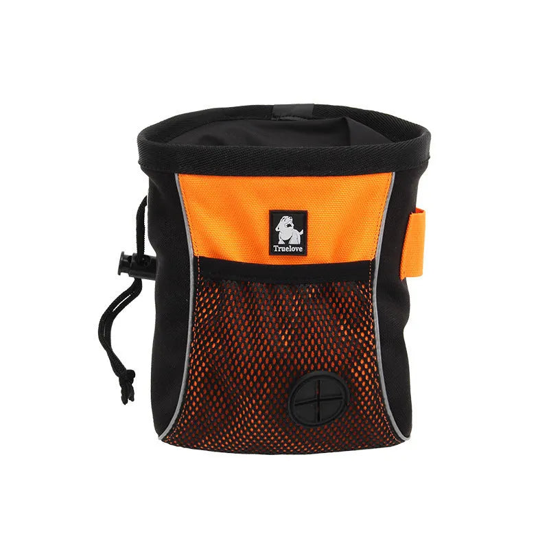 Orange dog training waist bag with removable garbage bag feature shown with sizing measurements