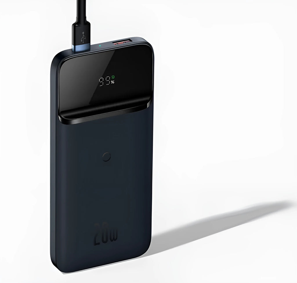 Black magnetic wireless power bank clipped onto an iPhone 12 showing 10000mAh capacity and two-way fast charging support