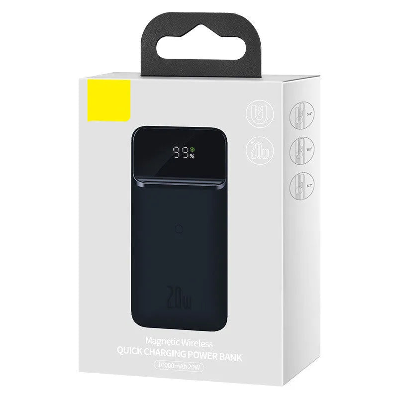 Black magnetic wireless power bank clipped onto an iPhone 12 showing 10000mAh capacity and two-way fast charging support