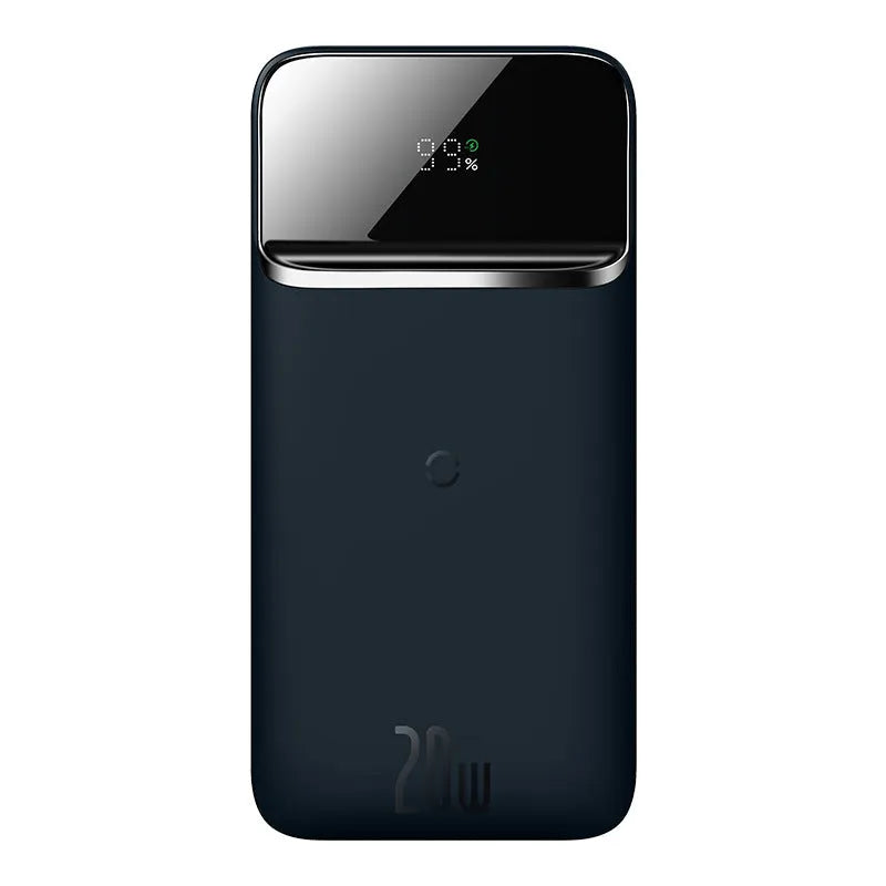 Black magnetic wireless power bank clipped onto an iPhone 12 showing 10000mAh capacity and two-way fast charging support