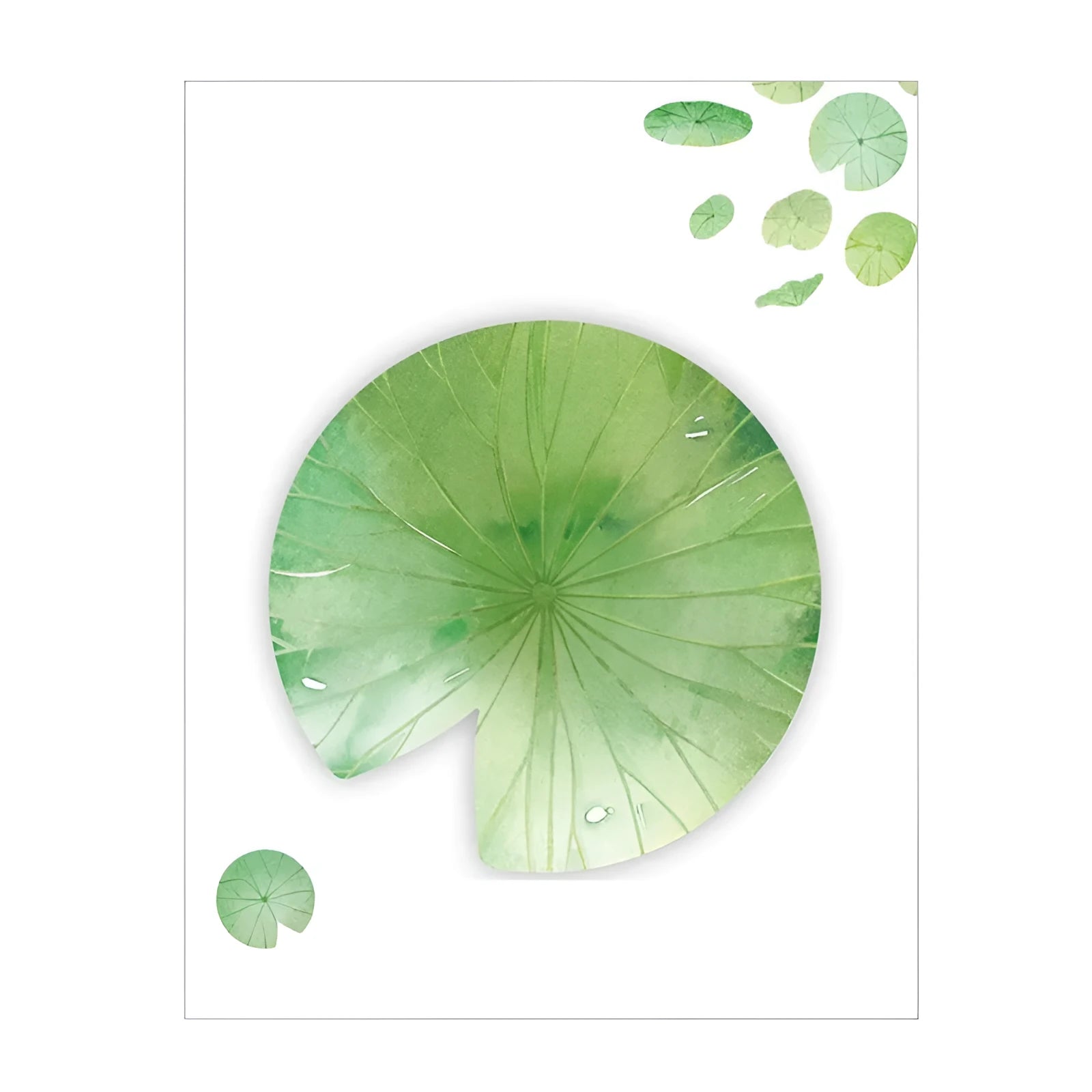 Leaf-shaped sticky notes with botanical designs including water lily and ginkgo