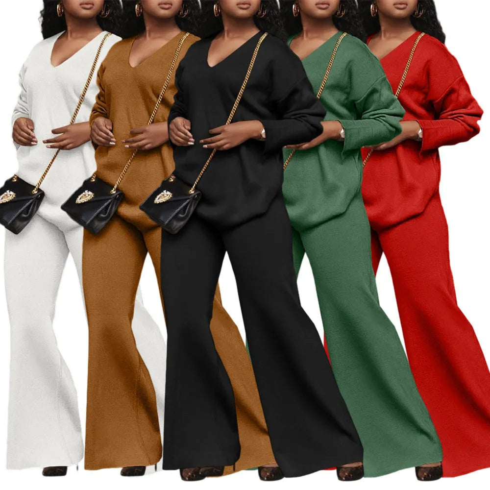 Women's brown suede velvet two-piece suit with split sleeve design and full-length trousers