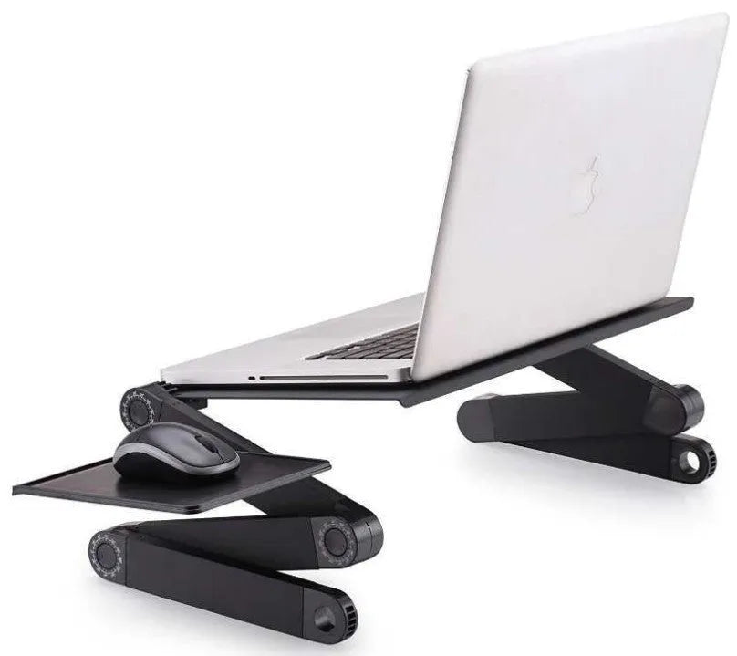 Black folding computer desk with aluminium alloy legs, 42 x 26cm top, mouse panel and fan.