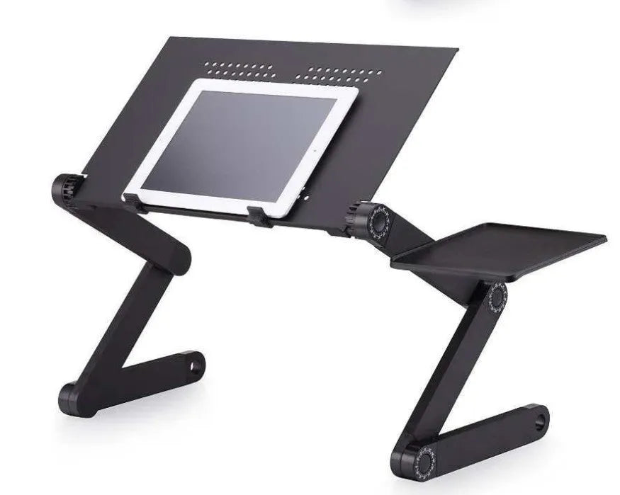 Black folding computer desk with aluminium alloy legs, 42 x 26cm top, mouse panel and fan.