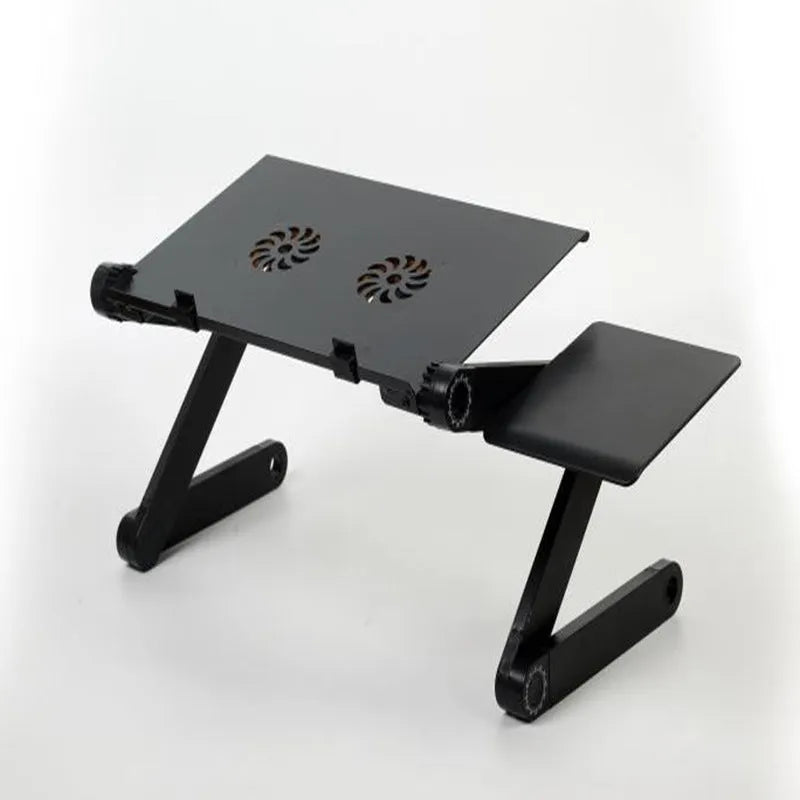 Black folding computer desk with aluminium alloy legs, 42 x 26cm top, mouse panel and fan.