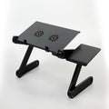 Black folding computer desk with aluminium alloy legs, 42 x 26cm top, mouse panel and fan.