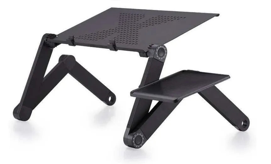 Black folding computer desk with aluminium alloy legs, 42 x 26cm top, mouse panel and fan.