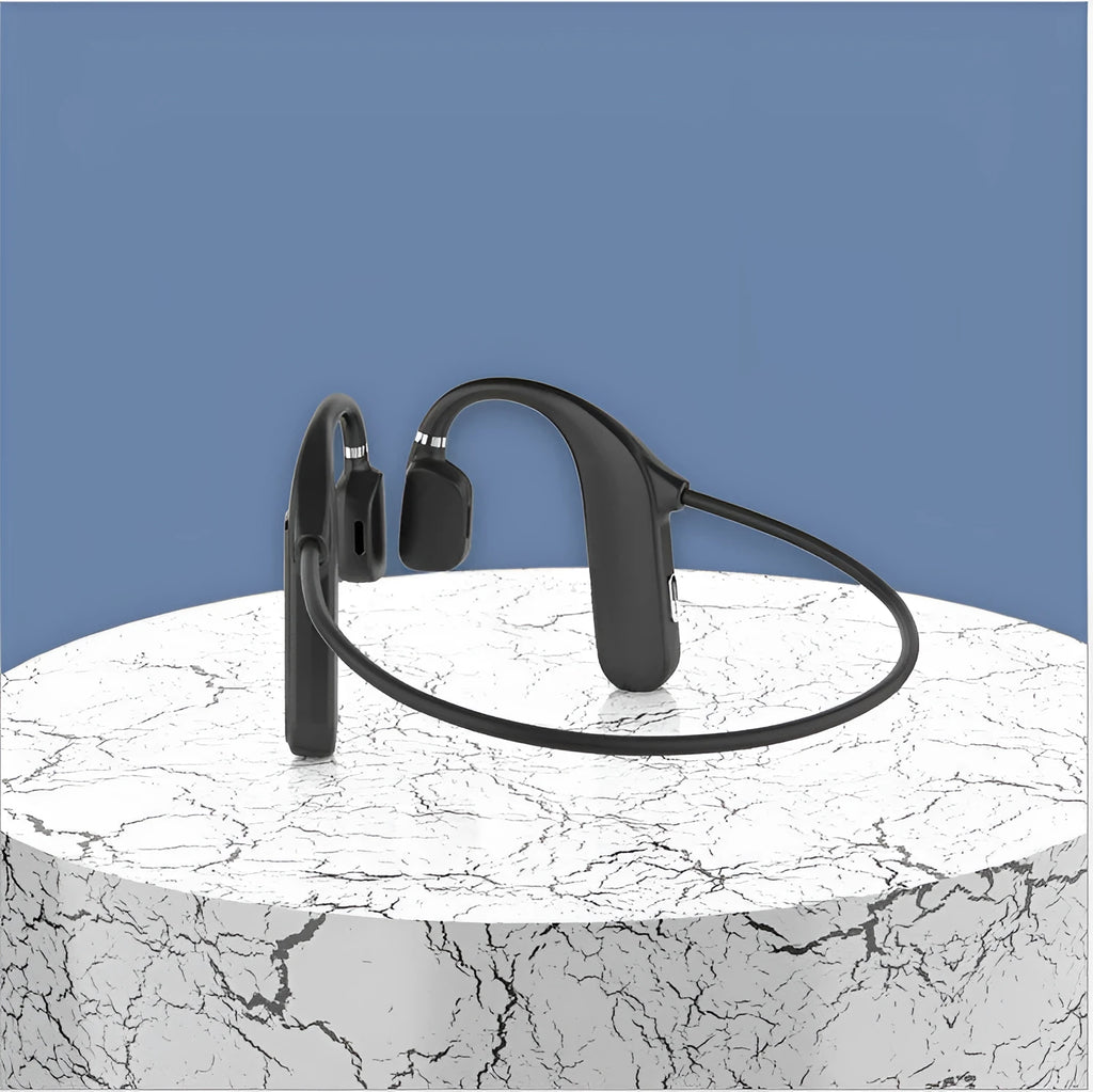 MD04 black bone conduction Bluetooth headset with hanging-ear design and bilateral stereo