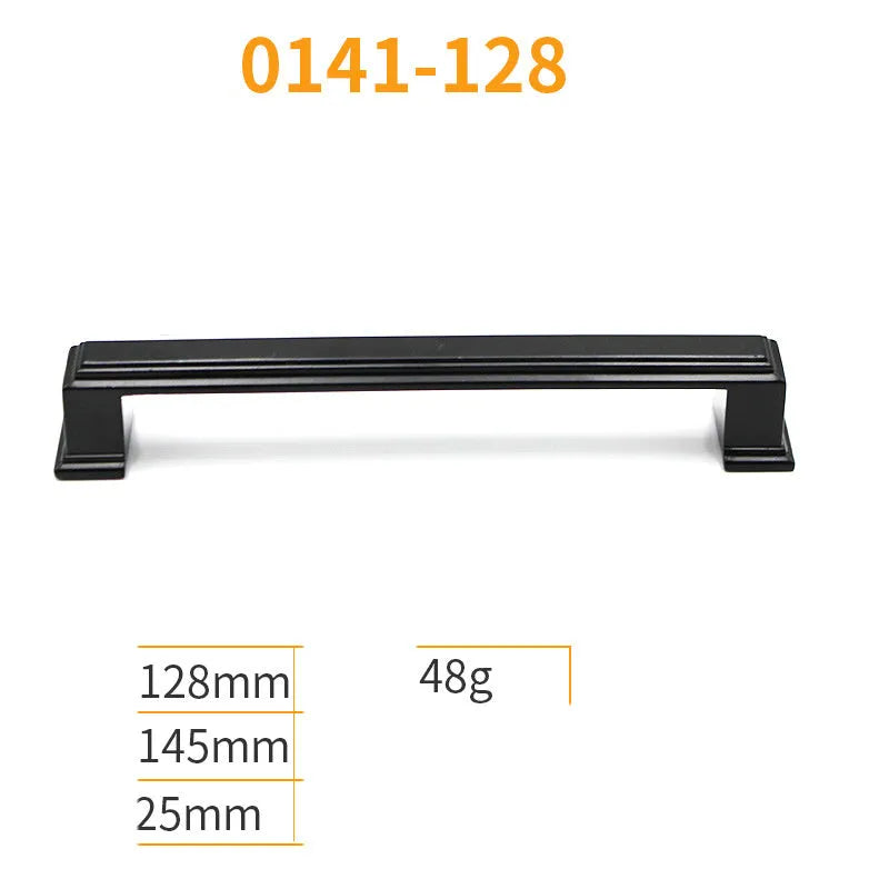 Black aluminium alloy cabinet handles and drawer knobs with an electroplated finish.