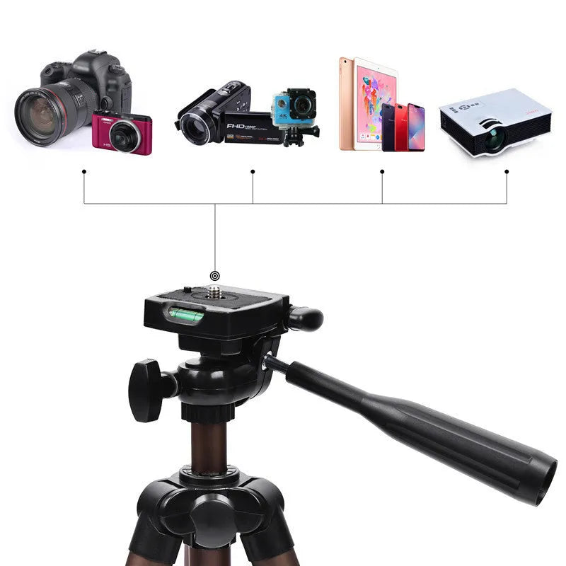 Aluminium camera tripod extended to 1.3m with hydraulic head, mobile holder and Bluetooth remote.