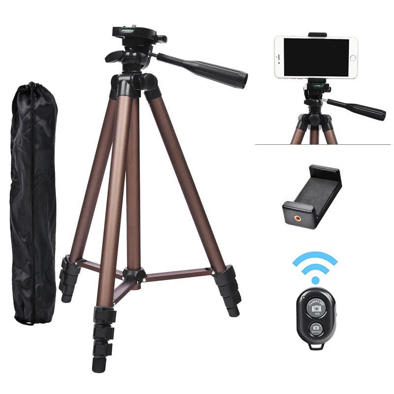 Aluminium camera tripod extended to 1.3m with hydraulic head, mobile holder and Bluetooth remote.
