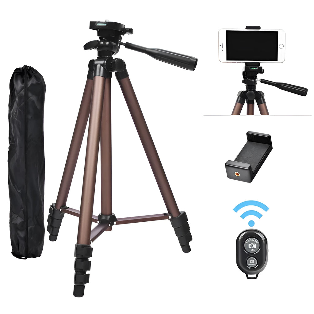 Aluminium camera tripod extended to 1.3m with hydraulic head, mobile holder and Bluetooth remote.