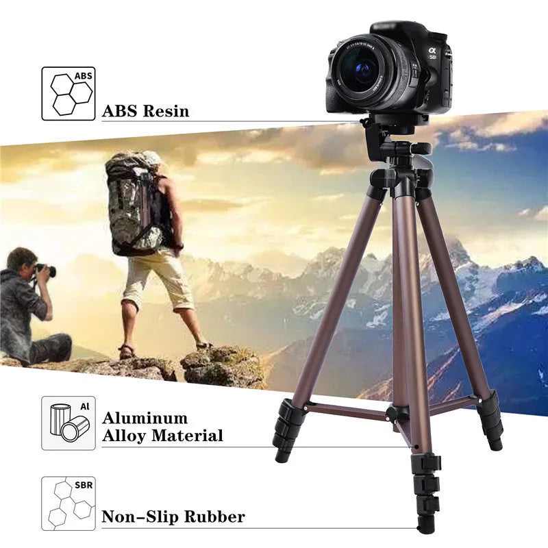 Aluminium camera tripod extended to 1.3m with hydraulic head, mobile holder and Bluetooth remote.
