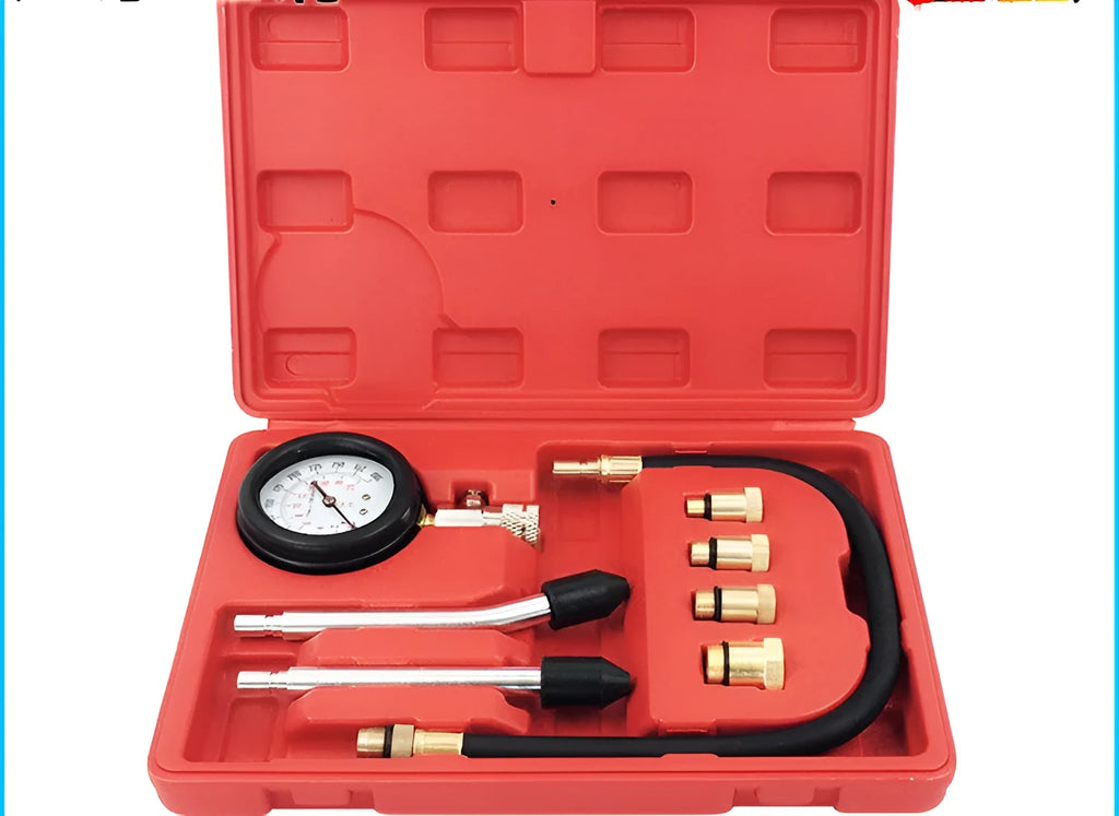 Red cylinder pressure gauge kit for motorcycle and car engines, 8-piece set in plastic box, 0.95kg