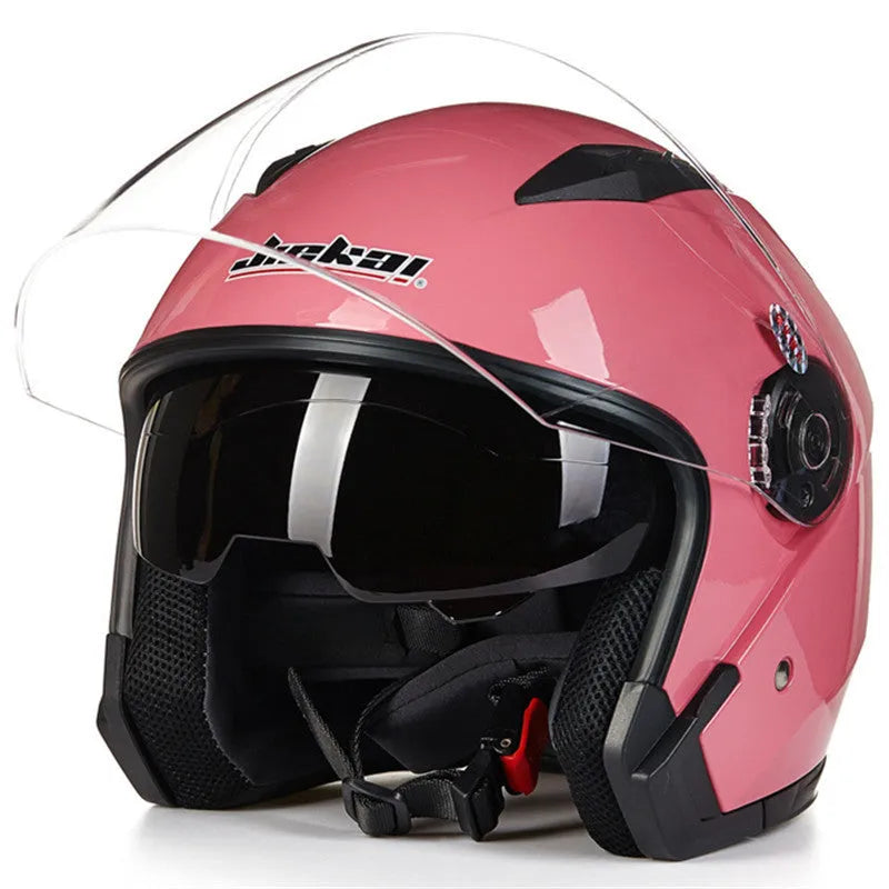 Open face motorcycle helmet jet style JK-512 in black with chin strap on white background