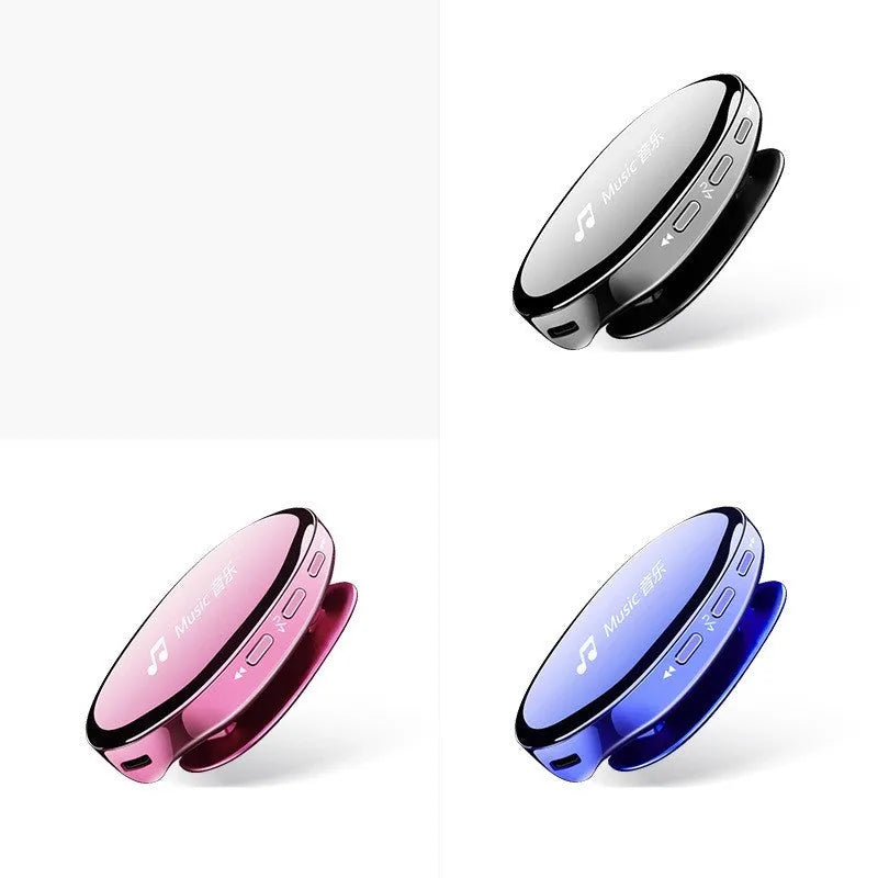 Compact Bluetooth MP4 music player in rose gold with an OLED screen displaying track info.
