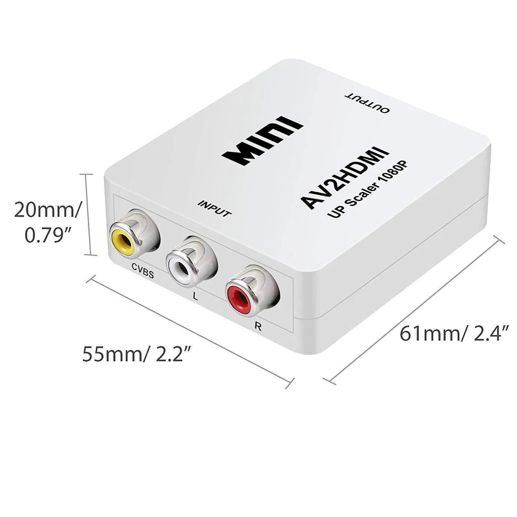 Black and white AV to HDMI converter with 0.5 metre cable for connecting analogue equipment to HDMI displays