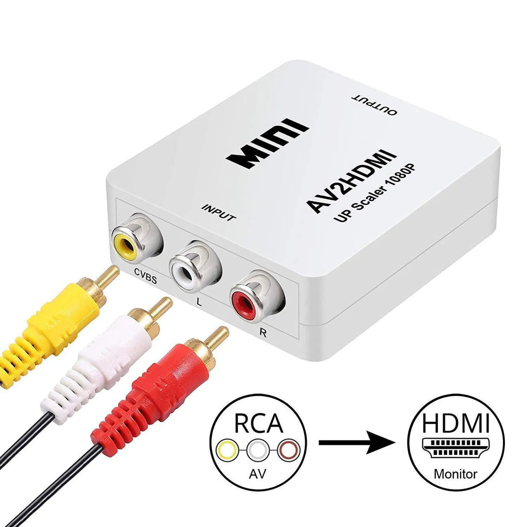 Black and white AV to HDMI converter with 0.5 metre cable for connecting analogue equipment to HDMI displays