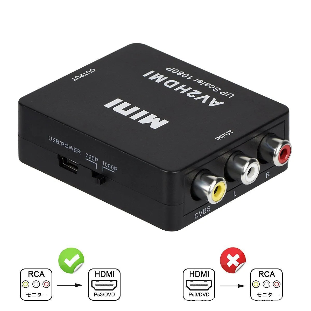 Black and white AV to HDMI converter with 0.5 metre cable for connecting analogue equipment to HDMI displays