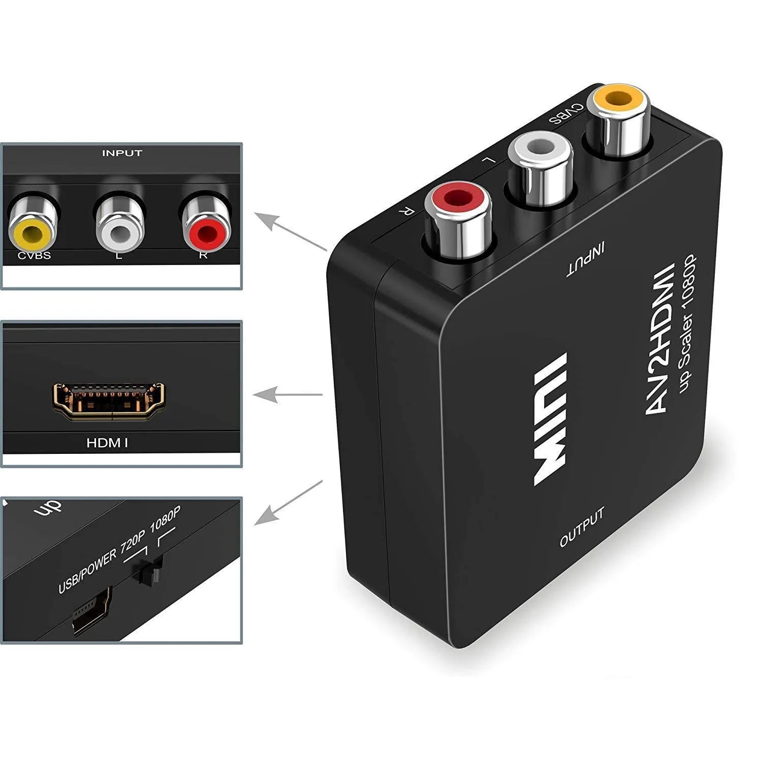 Black and white AV to HDMI converter with 0.5 metre cable for connecting analogue equipment to HDMI displays
