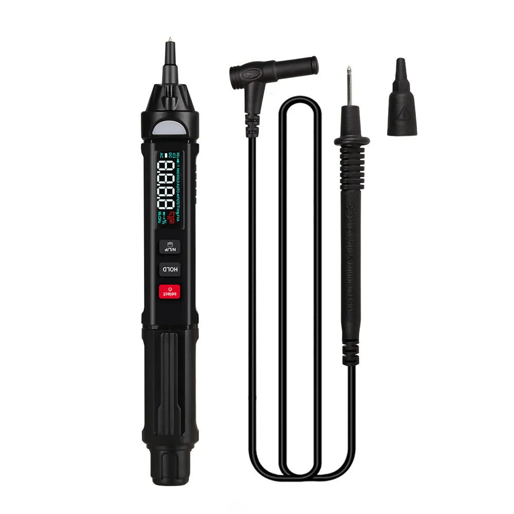 ET8906 ET8908 automatic digital multimeter with test leads on a workbench.