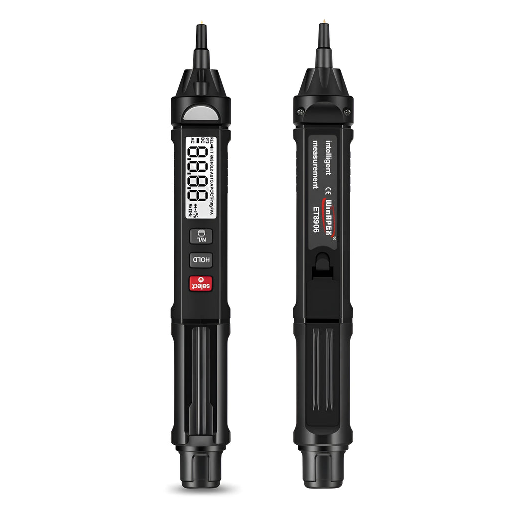 ET8906 ET8908 automatic digital multimeter with test leads on a workbench.