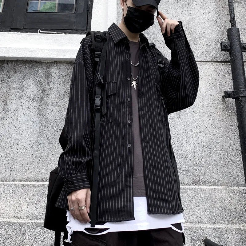 Retro wild striped black long sleeved loose shirt cardigan with square collar for teenagers